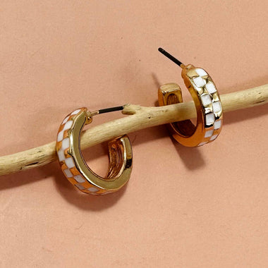 Mini Checker Hoop Huggie Earrings - Gold/White