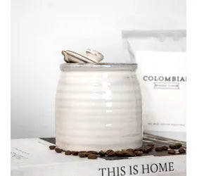 White Ceramic Canister w/ Wood Spoon