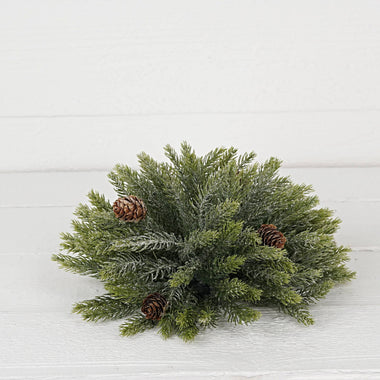 Snowy Flocked Spruce with Birch Cones Half Sphere