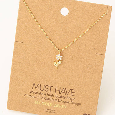 Pink Rhinestone Flower Charm Necklace - Gold