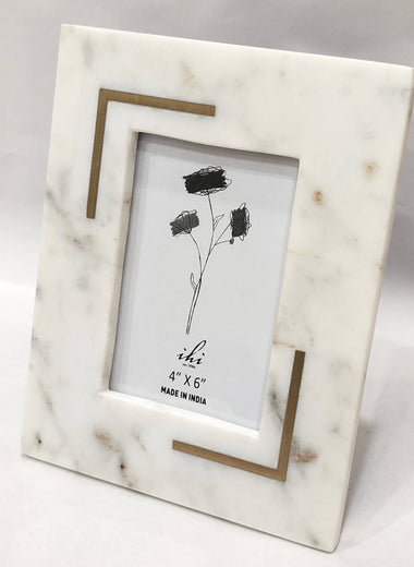 4x6 White Marble Photo Frame w/ Brass Accent