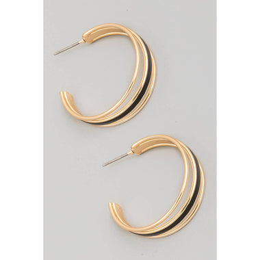 Gold & Black Triple Layered Enamel Wire Hoop Earrings
