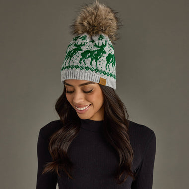 Lt. Gray & Green Reindeer Pom Hat