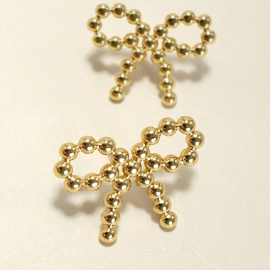Bow Shaped Rope Ball Earrings - Gold