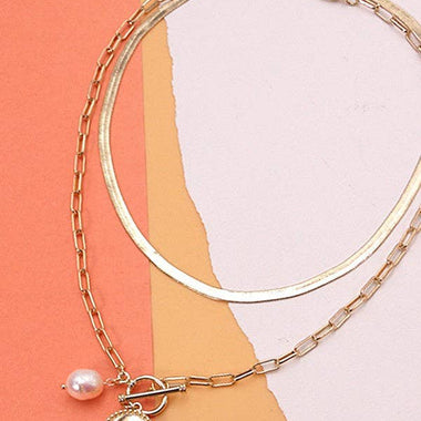 Double Row Circle Pearl Pendant Necklace - Gold