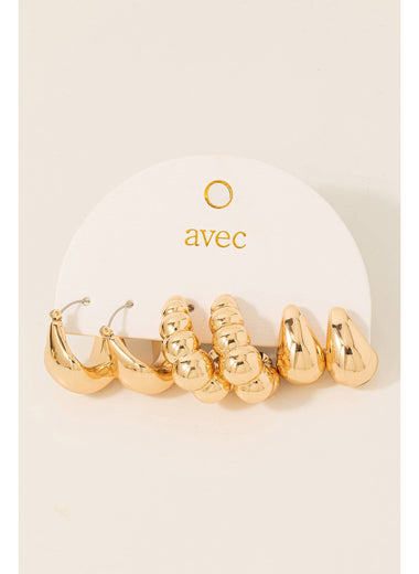 Metallic Assorted Hoop Earrings Set - Gold