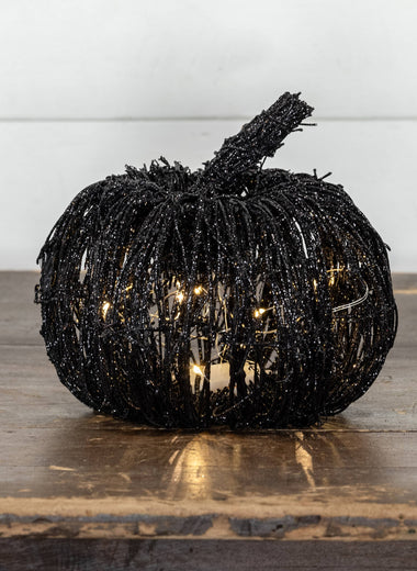 7.5" Glittered Lighted Black Rattan Pumpkin