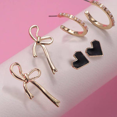 Bow, Hoops, & Hearts Earring Trio - Gold