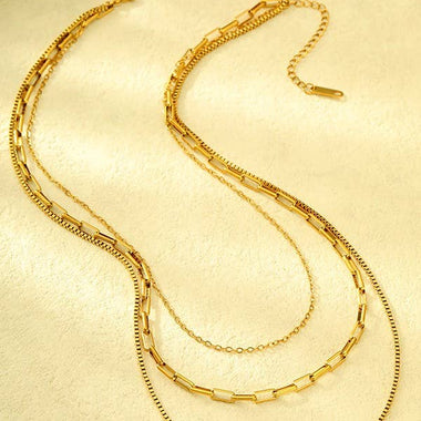18K Layered Link and Box Chain Necklace - Gold