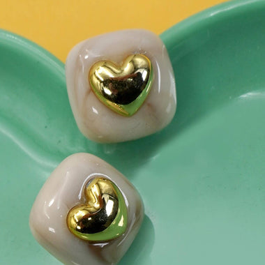 Square Gold Heart Stud Earrings - Gold