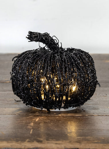 4.5" Glittered Lighted Black Rattan Pumpkin