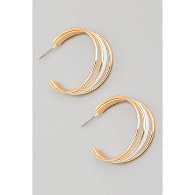 White & Gold Triple Layered Enamel Wire Hoop Earrings