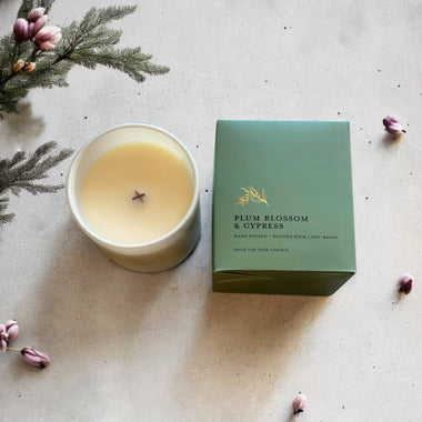 Plum Blossoms & Cypress 12oz Candle with Gold Lid