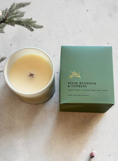 Plum Blossoms & Cypress 12oz Candle with Gold Lid