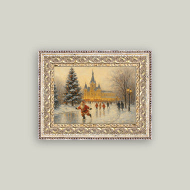 5x7 Skating Santa Framed Antique Art