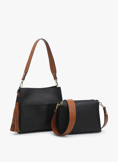 Lyla 2-in-1 Bucket Bag w/ Guitar Strap - Black/Brown