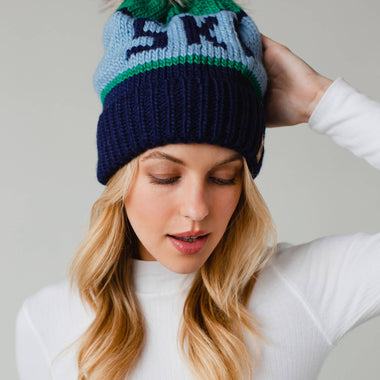 Green, Light Blue & Navy Ski Pom Hat
