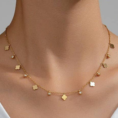 Mini Clover and Rhinestone Necklace - Gold