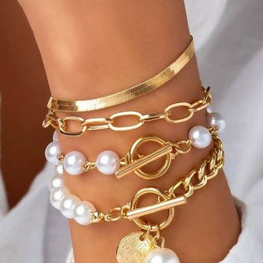 Multilayer Pearl Chain Herringbone Mix Bracelet Set - Gold