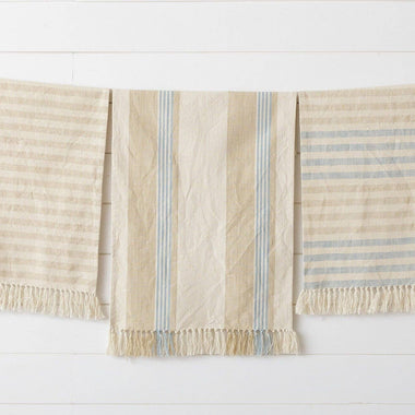 Natural and Blue Striped Tea Towels with Tassels