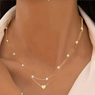 Pearl and Heart Layered Necklace - Gold