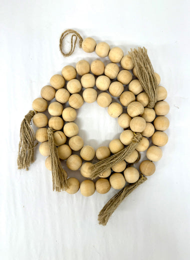 Natural Wood Beads w/ 5 Jute Tassels