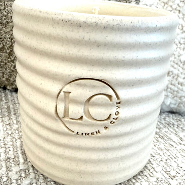 Linen & Clove Stamped - Rowe Pottery Ridges White Candle in Crock