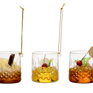 Glass Cocktail in Low Ball Glass Ornament, 3 Styles