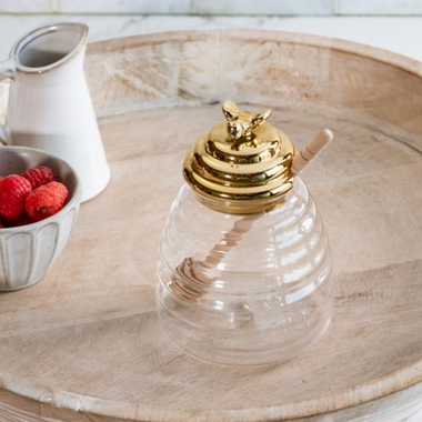 Clear Glass Honey Pot with Gold Accent