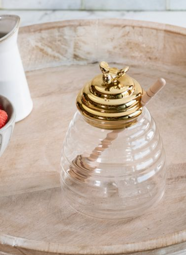 Clear Glass Honey Pot with Gold Accent