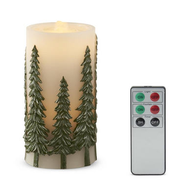 7.75" Green Embossed Trees LED Water Candle with Timer & Remote