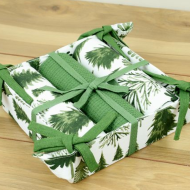 Three Towels in Napkin Holder - Green Trees