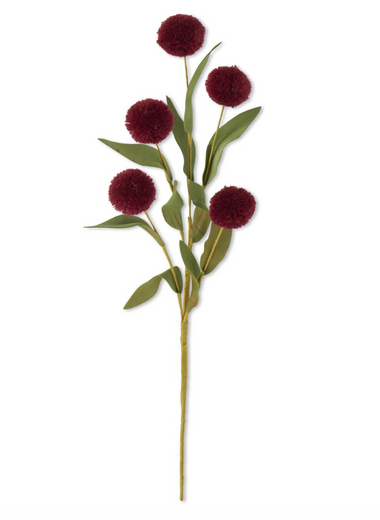 13" Burgundy Pompom Picks w/Green Eva Leaves