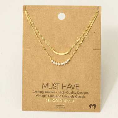 Layered Rhinestone Curved Bar Necklace - Gold