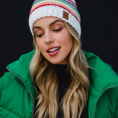 White & Rainbow Striped Pom Hat