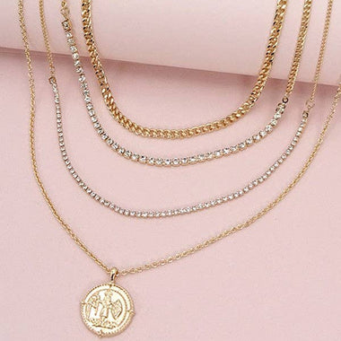 Double Rhinestone Coin Pendant Layer Necklace - Gold