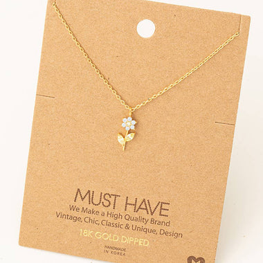 White Rhinestone Flower Charm Necklace - Gold