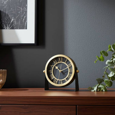 Black/Gold Metal Round Table Clock
