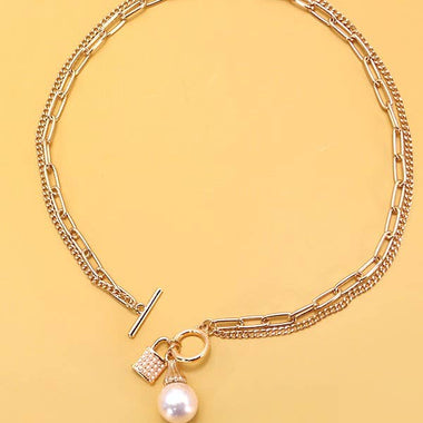 Double Layer Toggle Necklace with Pearl and Lock Charm - Gold