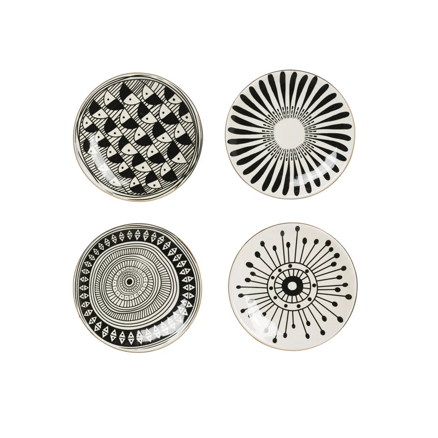 Gold Rimmed Black & White Stoneware Plate