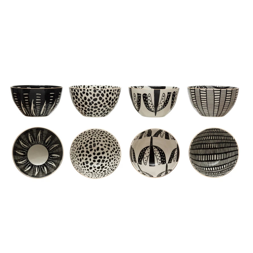 Gold Rimmed Black & White Stoneware Bowl