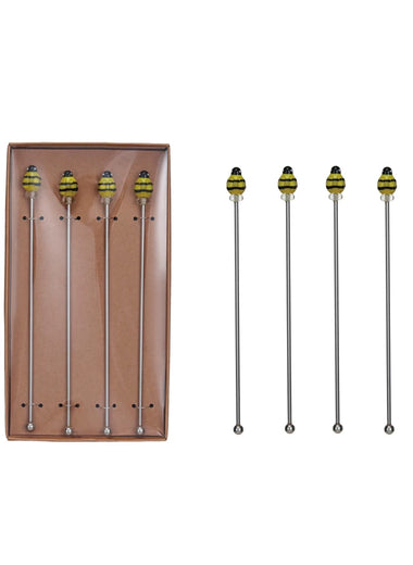 Box of 4 Stainless Steel Cocktail Stirrers with Blown Glass Bees