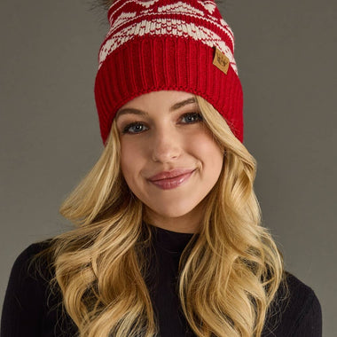 Red & Cream Patterned Pom Hat