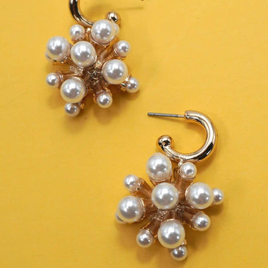 Cluster Pearl Huggie Hoop Earrings - Gold