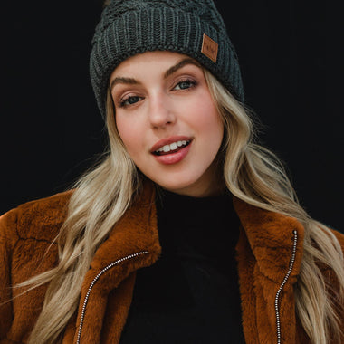 Dark Gray Cable Knit Pom Hat