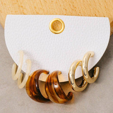 Metallic And Marble Resin Hoop Earrings Set - Gold