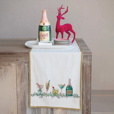 Cotton Printed Table Runner w/ Holiday Cocktails & Gold Trim