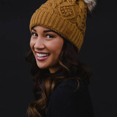 Camel Cable Knit Pom Hat