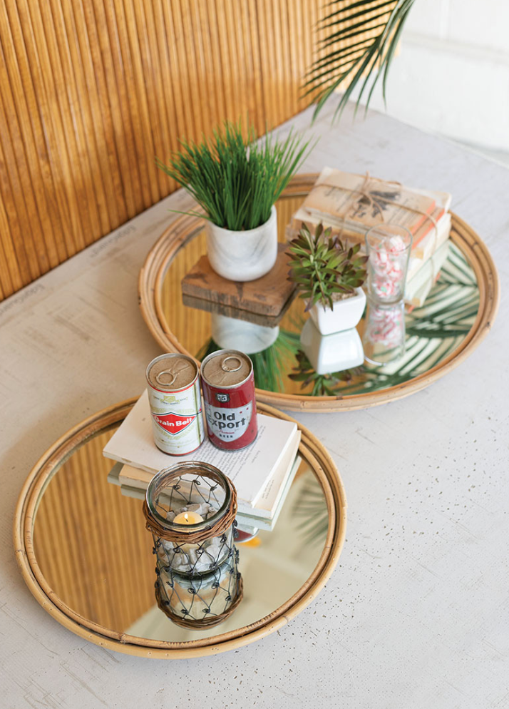 Round Rattan Mirror Tray