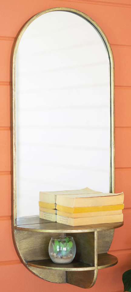Tall Oval Antique Brass Mirror with Shelves